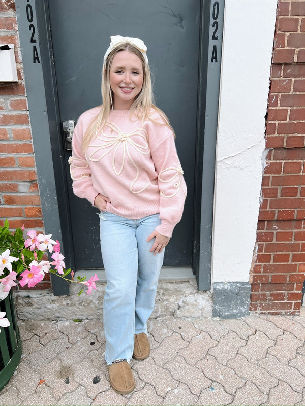 Light Pink Bow Embellished Sweater