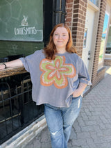 Curvy Slate Short Sleeve Top with Orange & Lime Daisy Patchwork