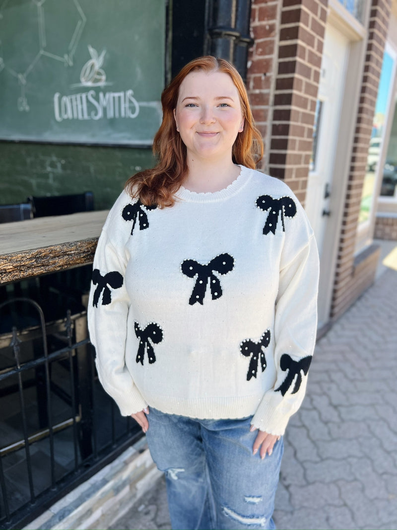 Curvy Cream Pearl Embellished Bow Sweater