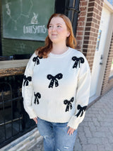 Curvy Cream Pearl Embellished Bow Sweater