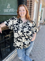 Curvy Black Floral Collared Bubble Sleeve Top