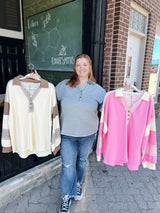 Curvy Colorblock Striped Collared Top