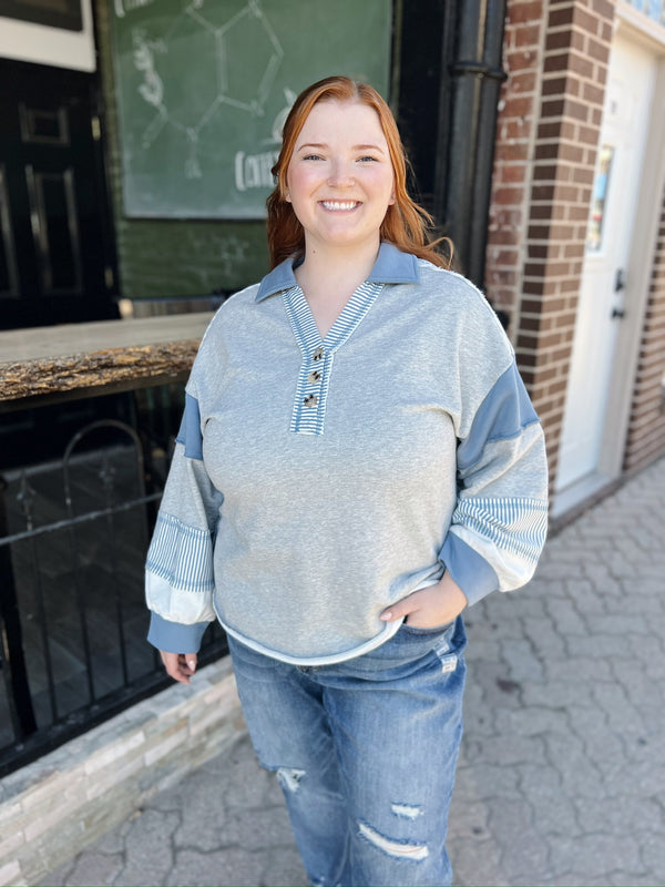 Curvy Colorblock Striped Collared Top