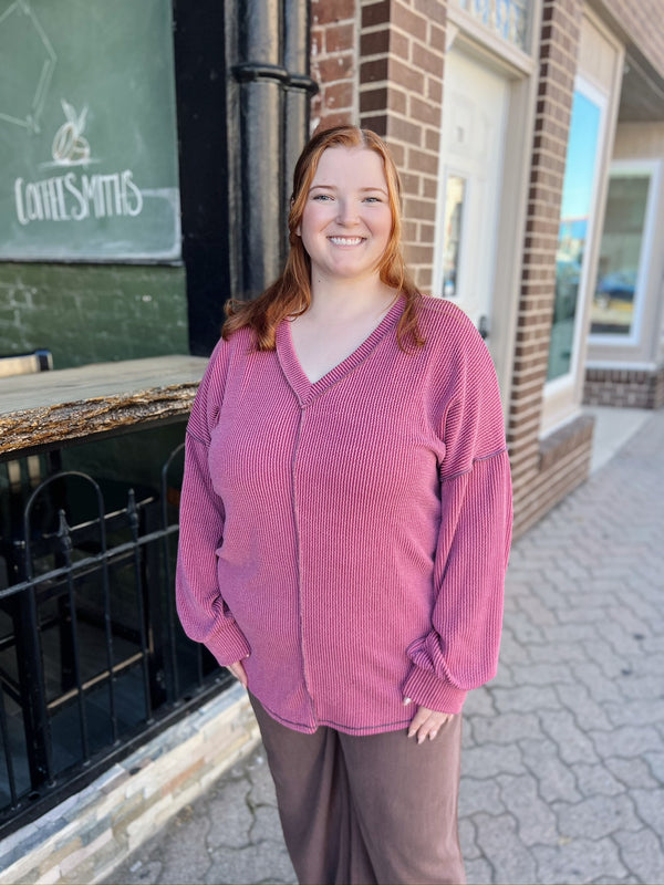 Curvy Ribbed V-Neck Out Stitched Dolman Sleeve Top