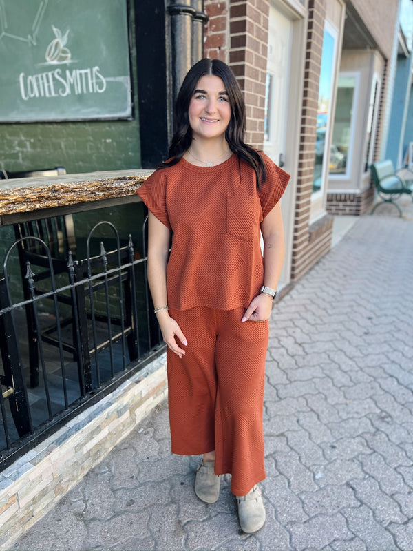 Rust Textured Wide Leg Cropped Pants