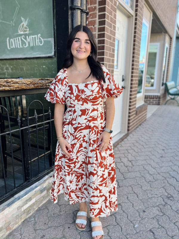 Rust Floral Ric Rac Midi Dress