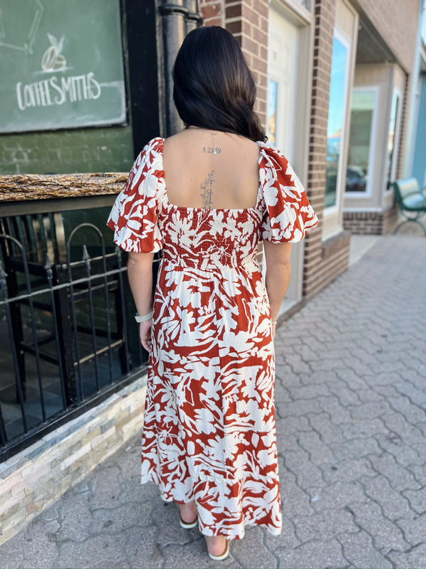 Rust Floral Ric Rac Midi Dress