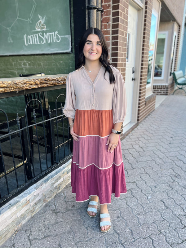 Linen Pink Combo Colorblock Midi Dress