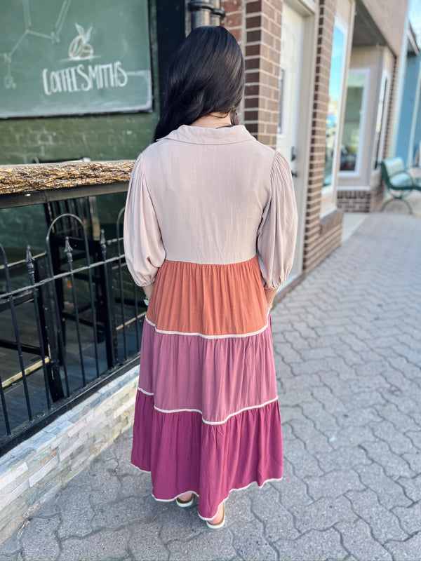 Linen Pink Combo Colorblock Midi Dress