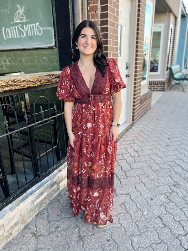 Rust Floral Front Slit Boho Maxi Dress