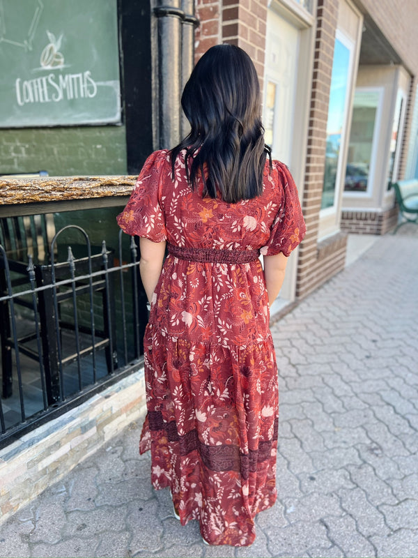 Rust Floral Front Slit Boho Maxi Dress