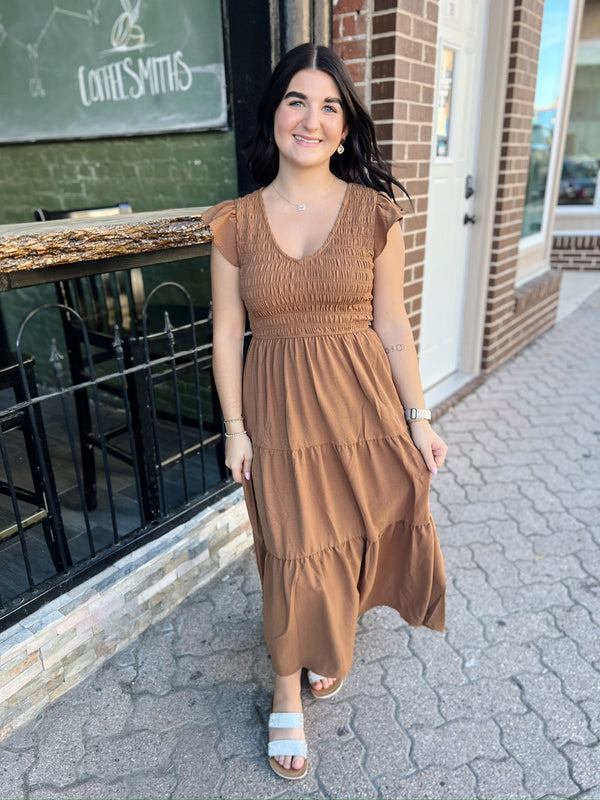 Tiered V-Neck Cap Sleeve Midi Dress