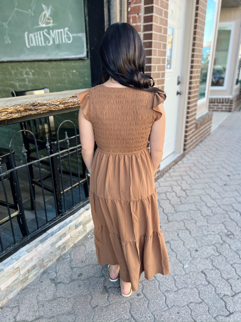 Tiered V-Neck Cap Sleeve Midi Dress