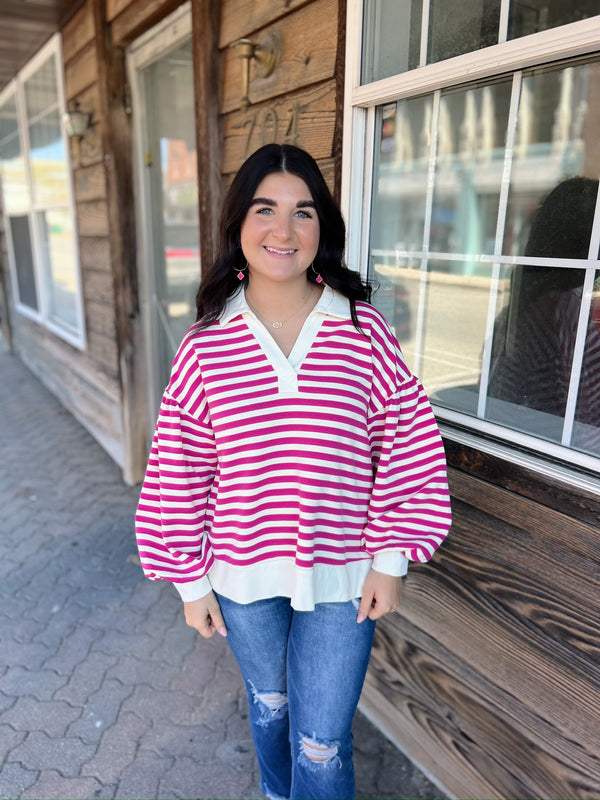 Fuschsia and White Striped Collared Top