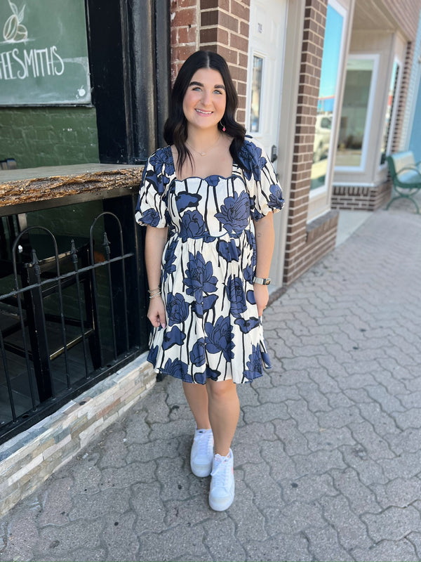 Navy and White Floral With Scallop Detail Dress