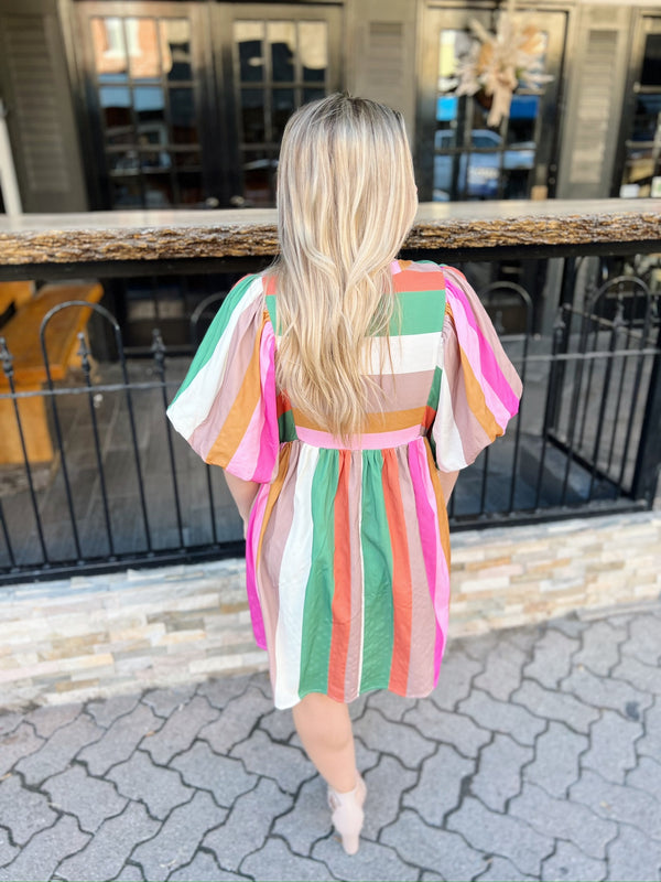 Multi Color Striped Front Tie Babydoll  Dress