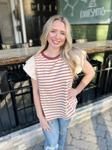 Rust and Cream Stripe Top with Cream Ruffle Sleeve