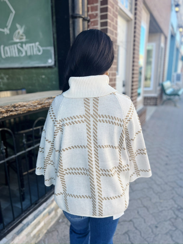 Cream and Gold Window Pane Cowl Neck 3/4 Sleeve Sweater