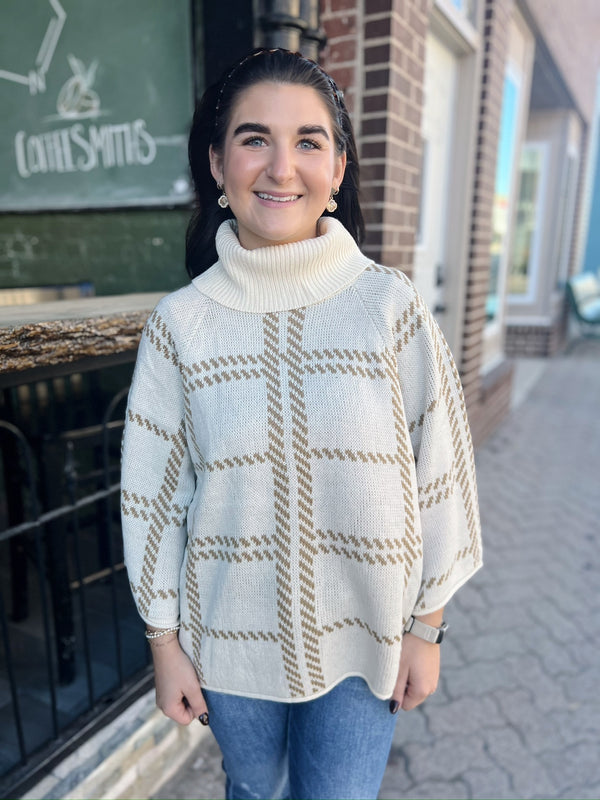 Cream and Gold Window Pane Cowl Neck 3/4 Sleeve Sweater