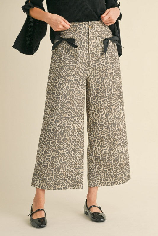 Leopard Print Wide Leg Pants With Front Bow Pockets