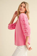 Pink Top with Bow 3/4 Detail Sleeve