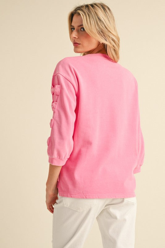 Pink Top with Bow 3/4 Detail Sleeve