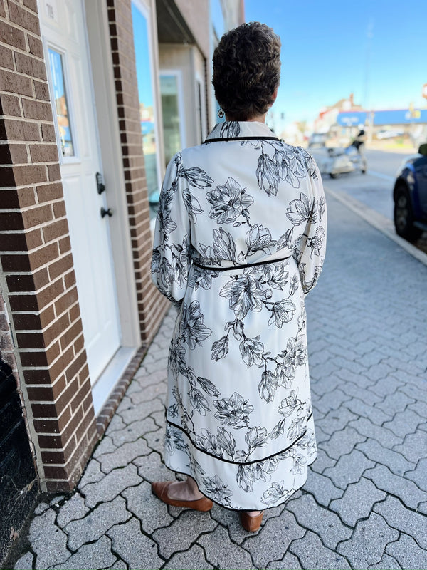 Black and White Floral Printed Tie Waist Midi Dress