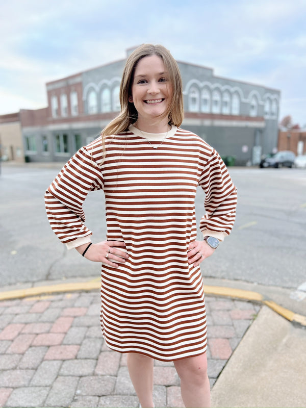 Rust and Ivory Stripe 3/4 Sleeve Dress