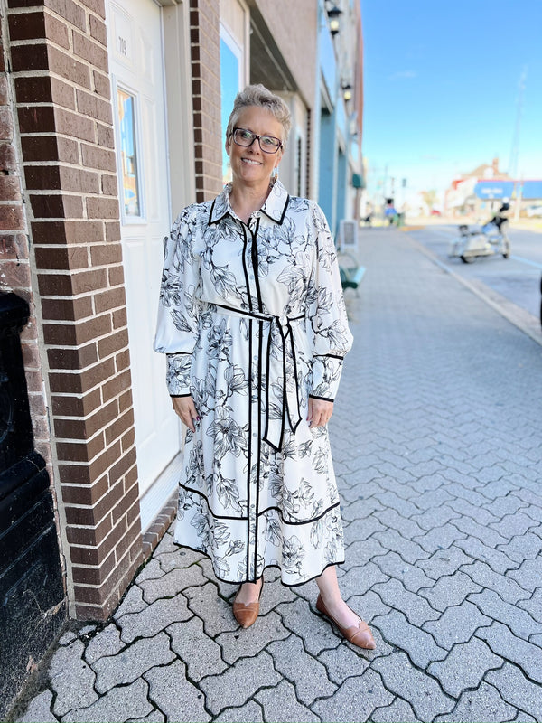 Black and White Floral Printed Tie Waist Midi Dress