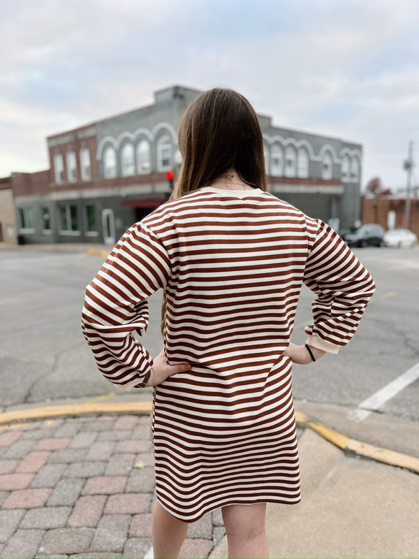 Rust and Ivory Stripe 3/4 Sleeve Dress