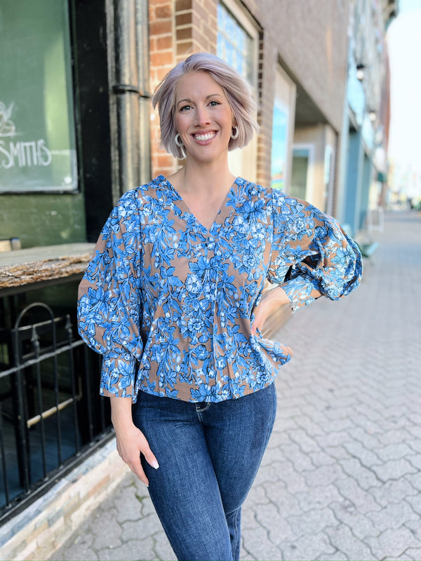 Brown and Blue Balloon Sleeve Floral V-Neck Top