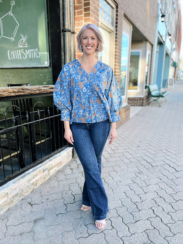 Brown and Blue Balloon Sleeve Floral V-Neck Top