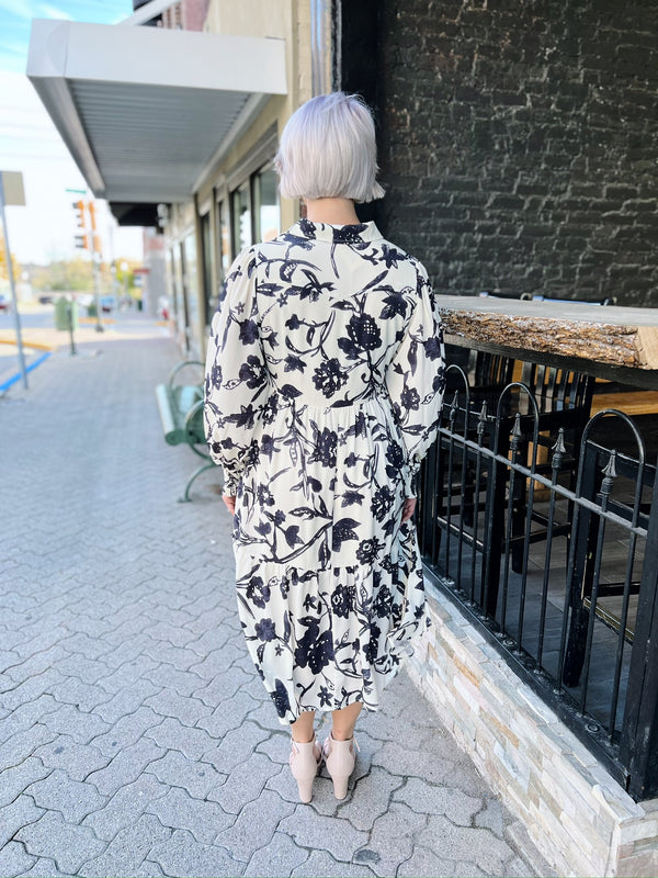 Cream with Black Floral Print Midi Dress