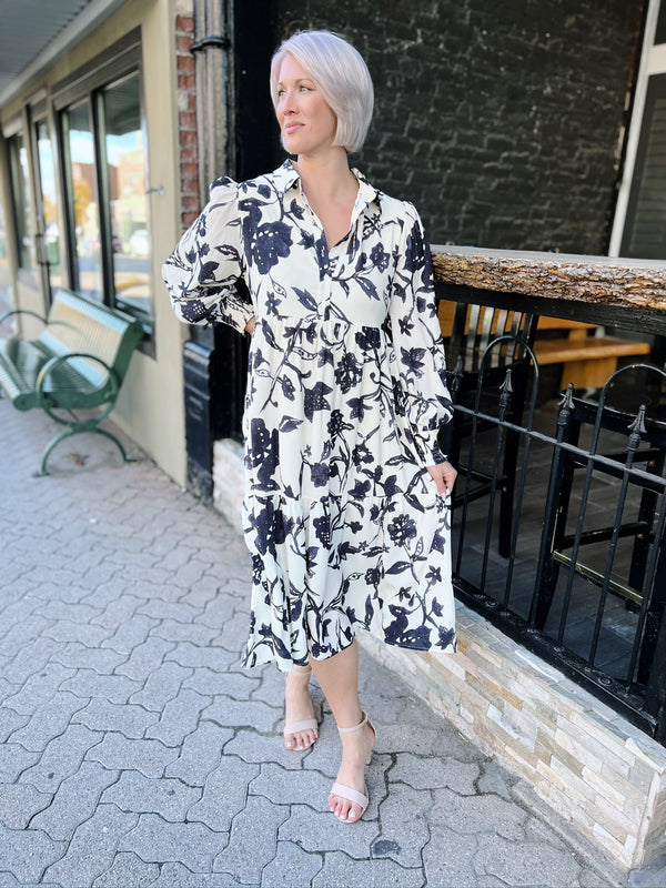 Cream with Black Floral Print Midi Dress