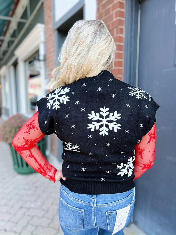 Black Mock Neck Sleeveless Top with White Snowflakes