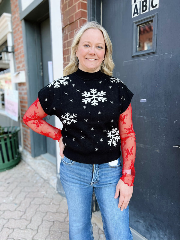 Black Mock Neck Sleeveless Top with White Snowflakes