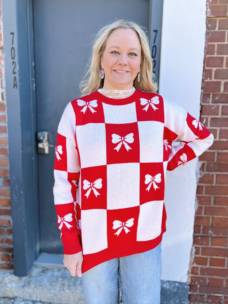 Checkered Round Neck Sweater with Bows