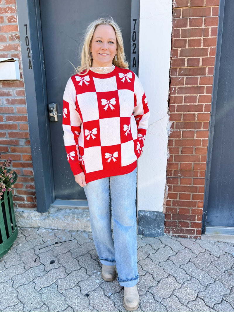 Checkered Round Neck Sweater with Bows