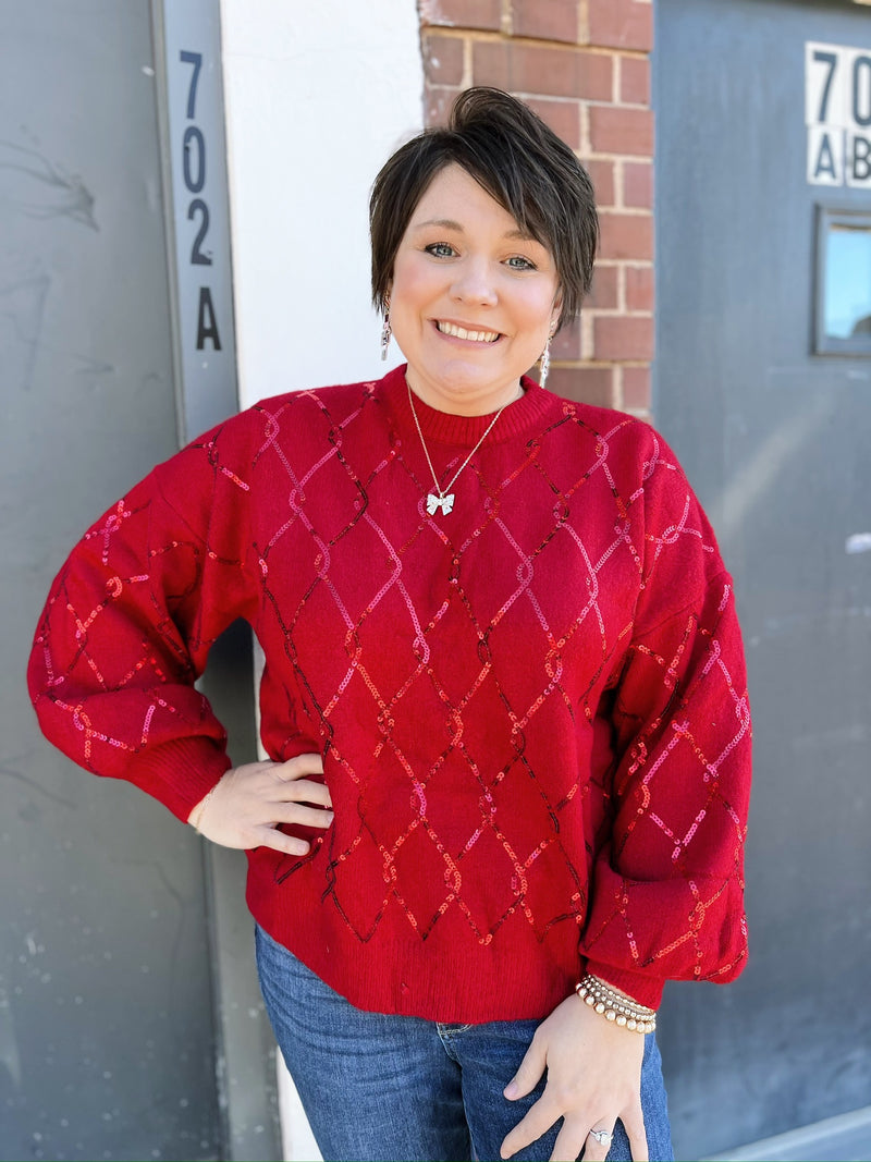 Red Long Sleeve Sequin Diamond Detailed Sweater