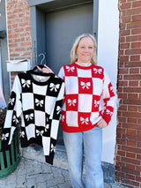 Checkered Round Neck Sweater with Bows