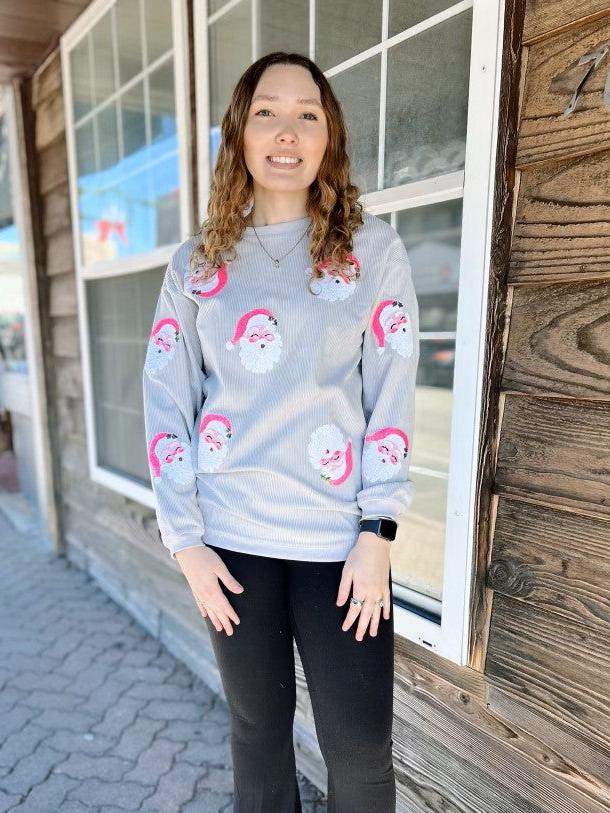 Curvy Light Grey Ribbed Sweatshirt with Sequin Santa Faces