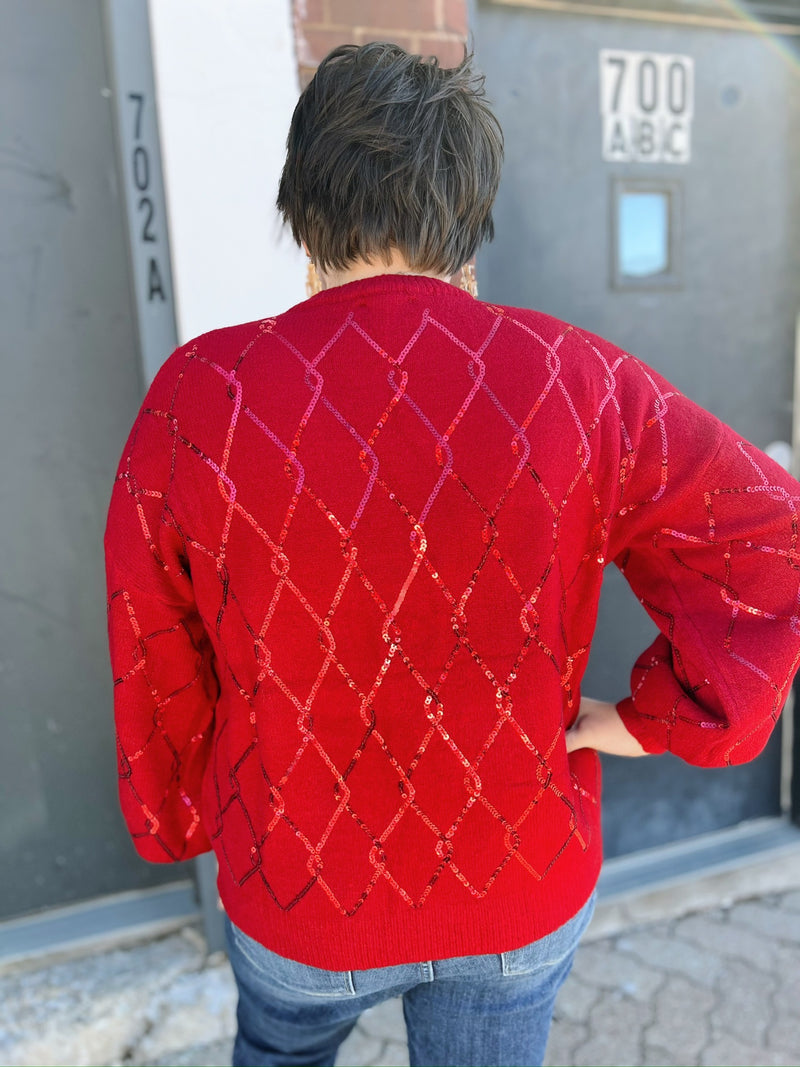 Red Long Sleeve Sequin Diamond Detailed Sweater