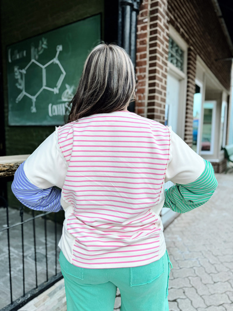 Pink Color Block Sleeve Striped Top