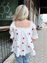 White Square Neck Cherry Embroidered Top