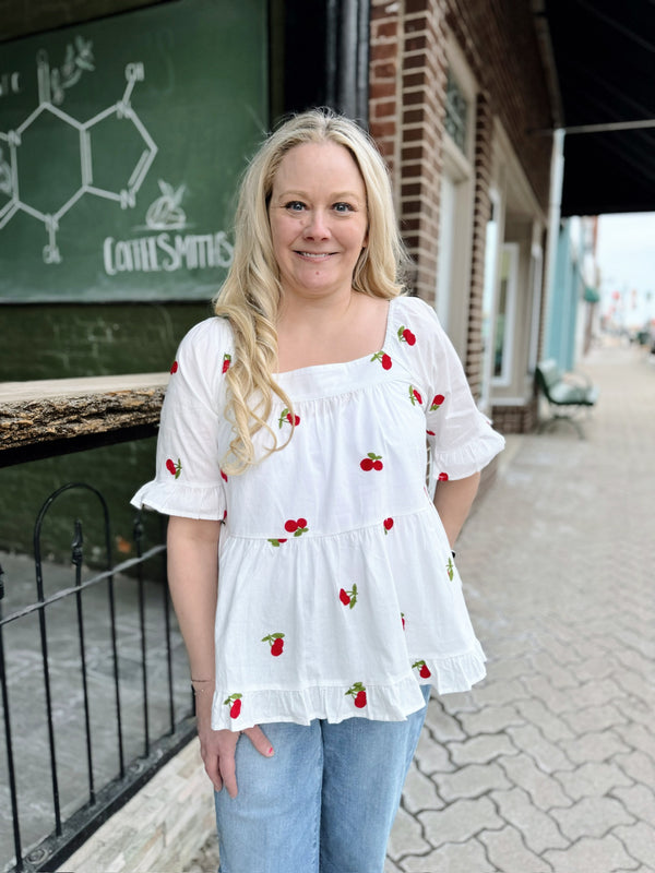 White Square Neck Cherry Embroidered Top