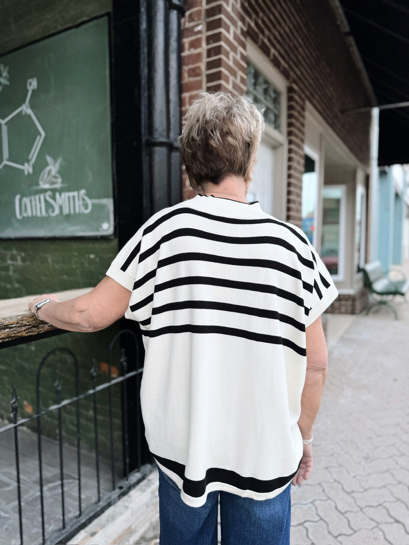 Cream Oversized Striped Short Sleeve Sweater