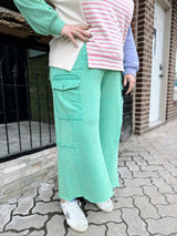 Green Mineral Washed Wide Leg Cargo Pants