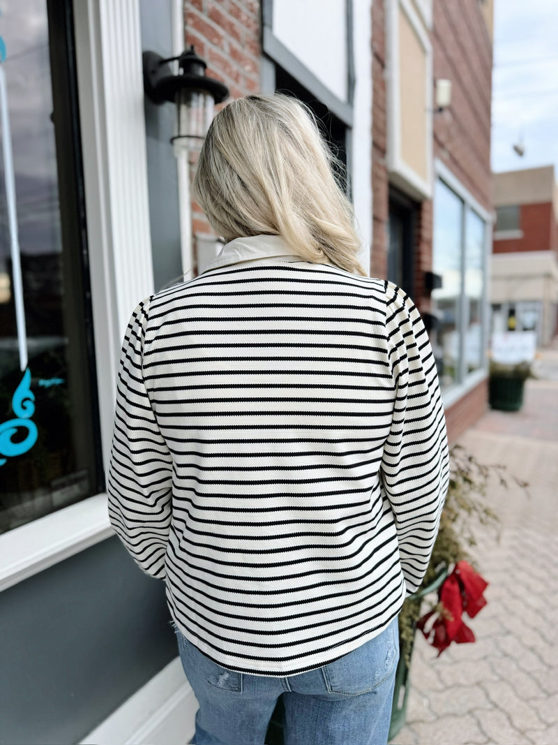 Black and White Striped Collared Bow Top