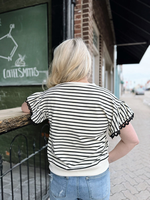 Ivory And Black Striped Crochet Detail Top