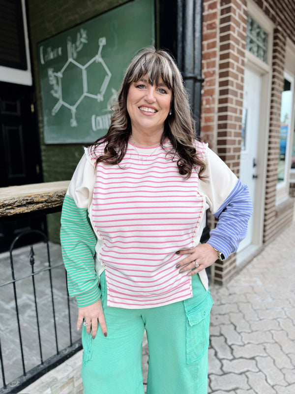 Pink Color Block Sleeve Striped Top